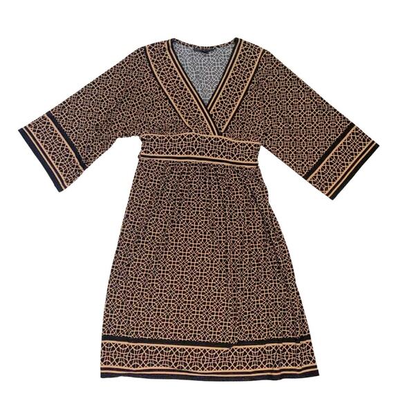 Black Tan Geometric Pattern Midi Dress Long Sleeves Large Petite Stretch Career - Picture 1 of 12